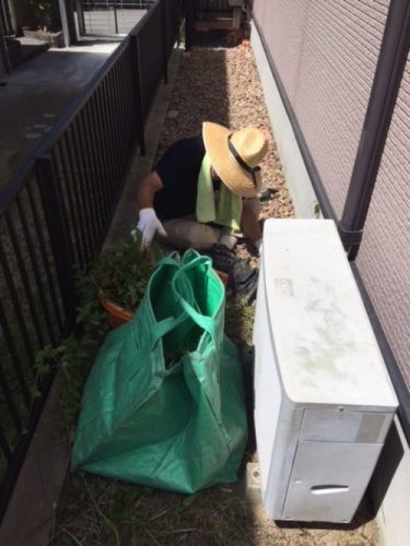エアコン室外機の雑草除去は全て手作業　トリプルエス　大阪